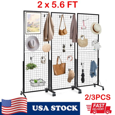 #ad 2 3 Pack Grid Wall Panel Display with Hooks amp; Clips Portable w Lockable Wheels $54.39