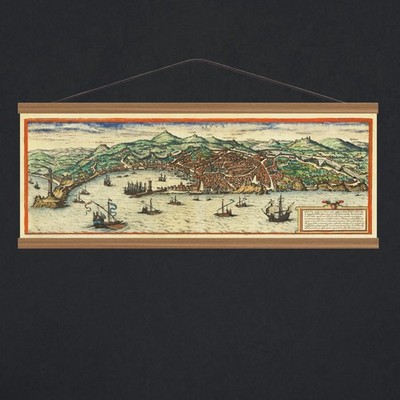 Antique 1572 Panoramic Map Town-Views of Genoa; Canvas, Magnetic Wooden Hanger