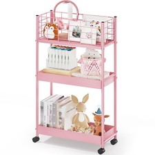 KINGRACK 3-Tier Rolling Utility Cart with Wheels, Metal Slim 3-Tier, Pink 