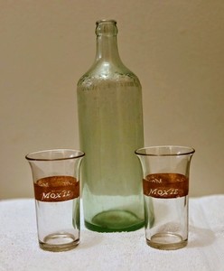 Antique Moxie Bottle and 2 Original Soda Fountain Glasses Set