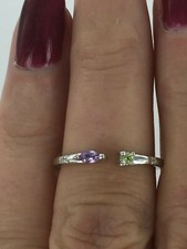 Super Cute Genuine Amethyst, Peridot White Topaz 925 Silver Open Band Ring