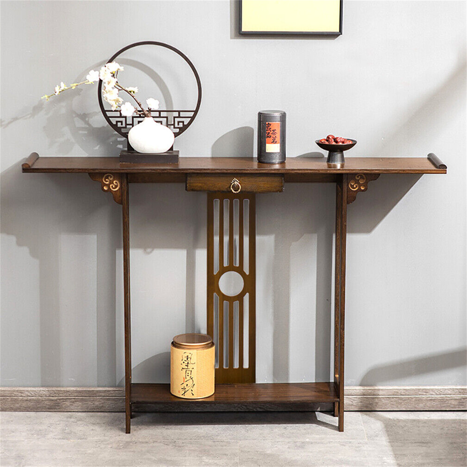 Solid Wood Console Table Rustic Brown Entryway Hall Table w/ Drawer