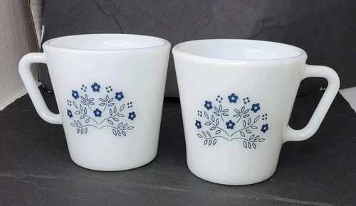 Vintage Pyrex Summer Impressions Flower Set 2 White Blue Milk Glass Cups Mugs