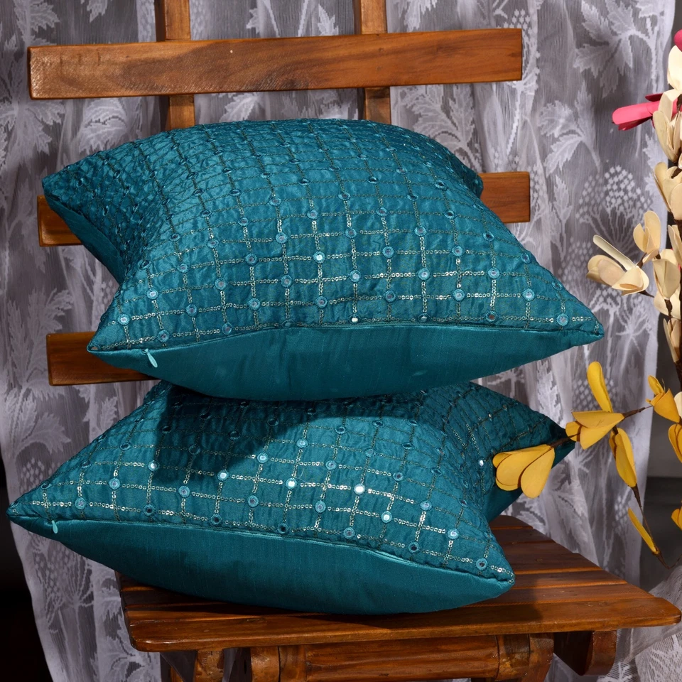 decorative living room couch pillow covers teal blue designer throw pillows 2 pc - Image 3 of 4