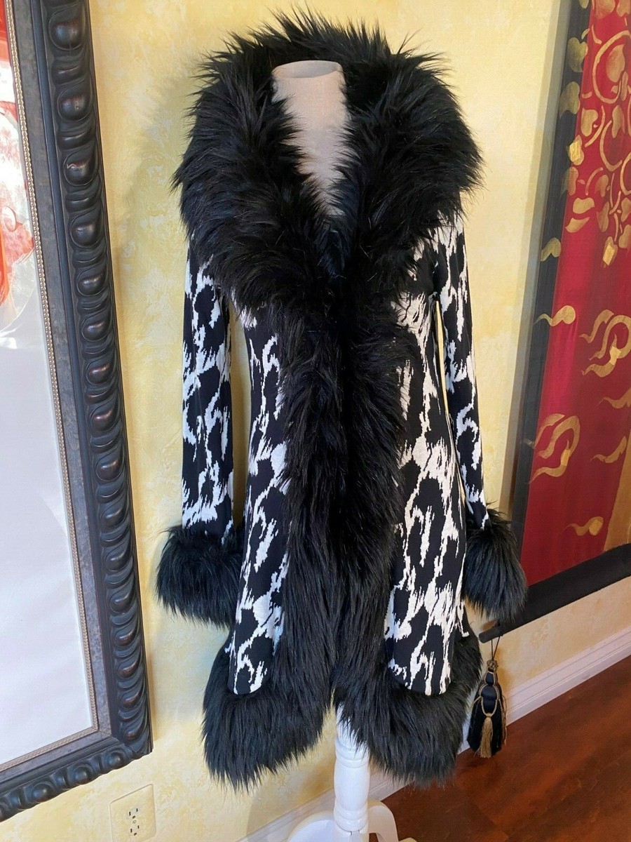 Betsey Johnson Black White Fur Sweater Coat Duster M Animal