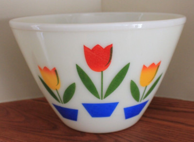 Vintage Fire King Oven Ware Mixing Bowl Tulips 9.50  1940s