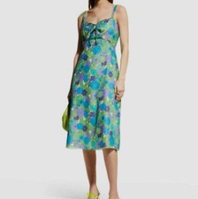 515 Anna Sui Women's Blue Beckoning Blossoms Floral Midi Slip Dress Size 0