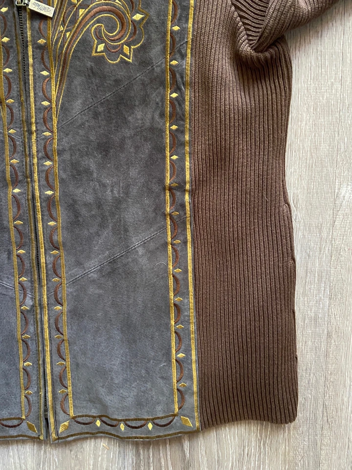 Bob Mackie Art To Wear Chaqueta de Cuero Marrón Talla S Bordada Boho Funky Foto 3 de 4