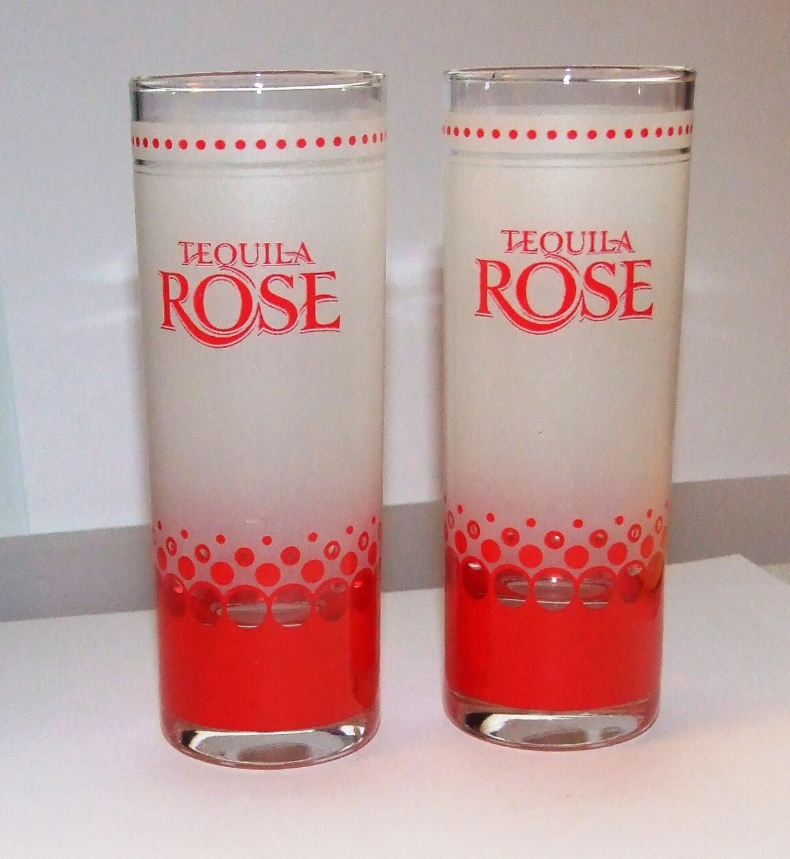 Tequila Rose Shot Glasses 2 ozFrosted Glass w/ Red Lettering & Dots