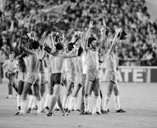 Brazil Players Including Socrates Celebrate 1982 Soccer Old Photo