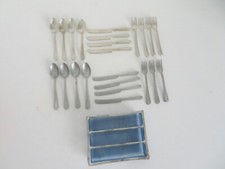 Vintage Small Toy Miniature Silverware Spoons Forks Knives in Mesh Divided Tray