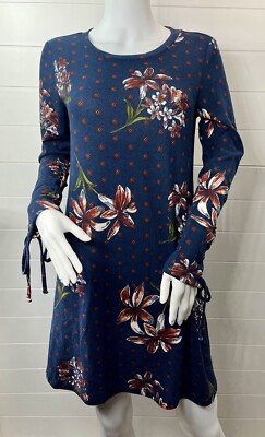 Polly&Esther  L Womens Navy Floral Dress Knee Length Lace Up Sleeve Cottagecore