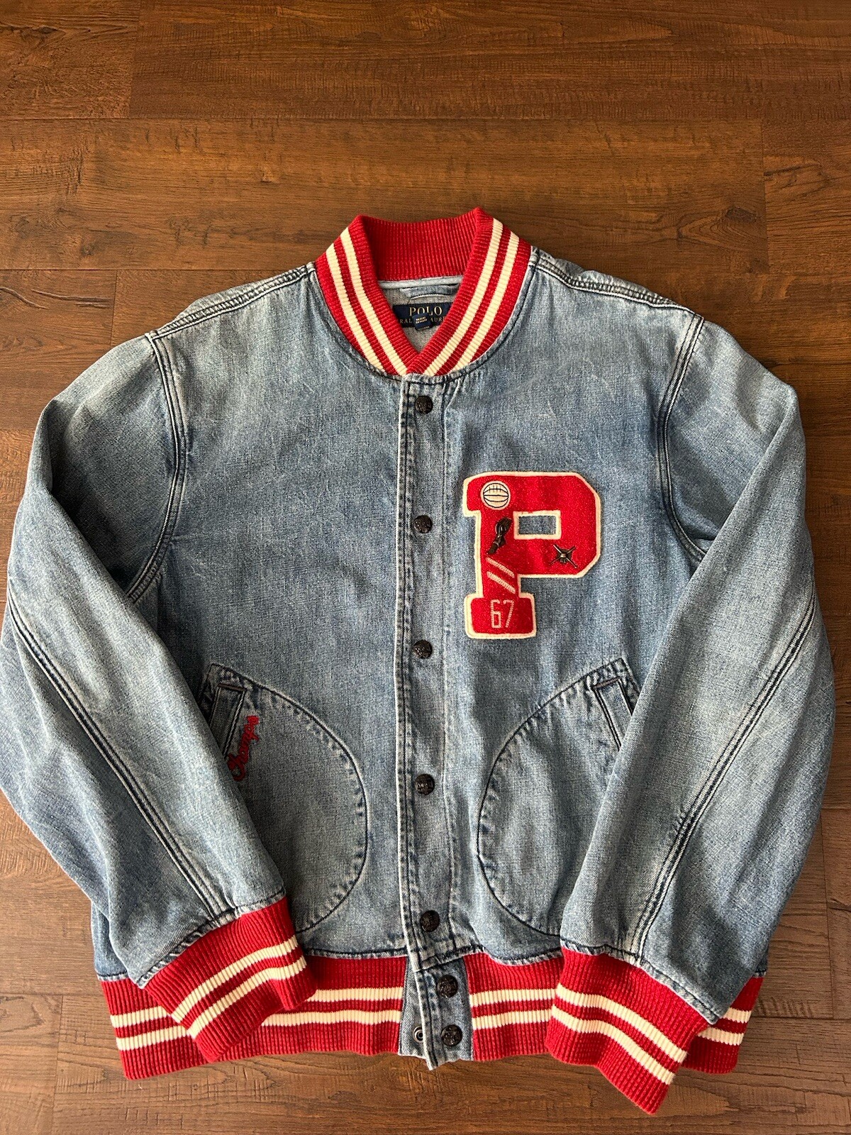 $398 Polo Ralph Lauren Men USA P-Wing Letterman Varsity Baseball Jean Jacket L
