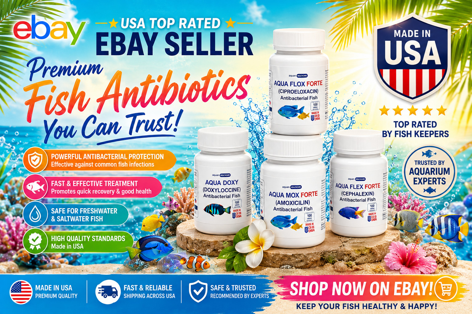 For Aquarium use Certified fish AQUA Amoxicillin 500 100 ships Today US Labs