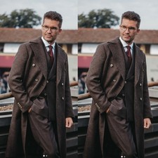 Brown Men's Overcoats Cashmere Double Breasted Peak Lapel Warm Wear Long Coat