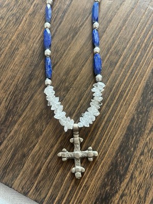 Lapis Lazuli and Herkimer Diamond Necklace with Ethiopian Cross Pendant