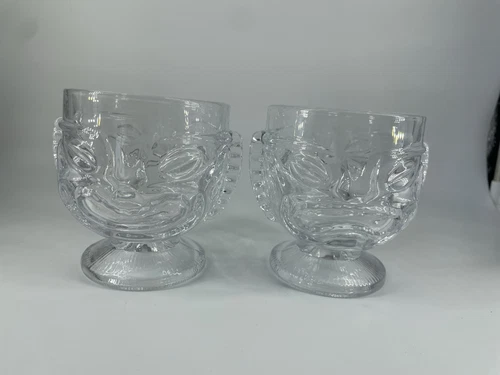 Pair Of Vintage Indiana Glass Hawaiian Tiki Double Sided Clear Mugs