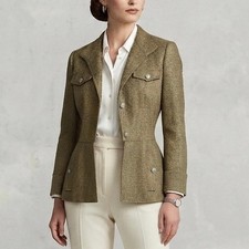 VTG 80s Carlisle Olive Shimmer Textured Blazer Patch Pockets Silver-Tone Button