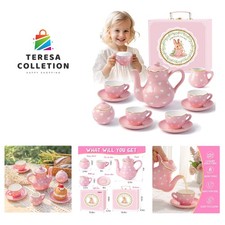 Luxury Pink Heart Tea Set for Little Girls - 13 Pieces with Gold Accents