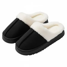 Unisex Faux Fur Lined Slip-On SlippersCozy Warm Winter House Shoes~ BLACK