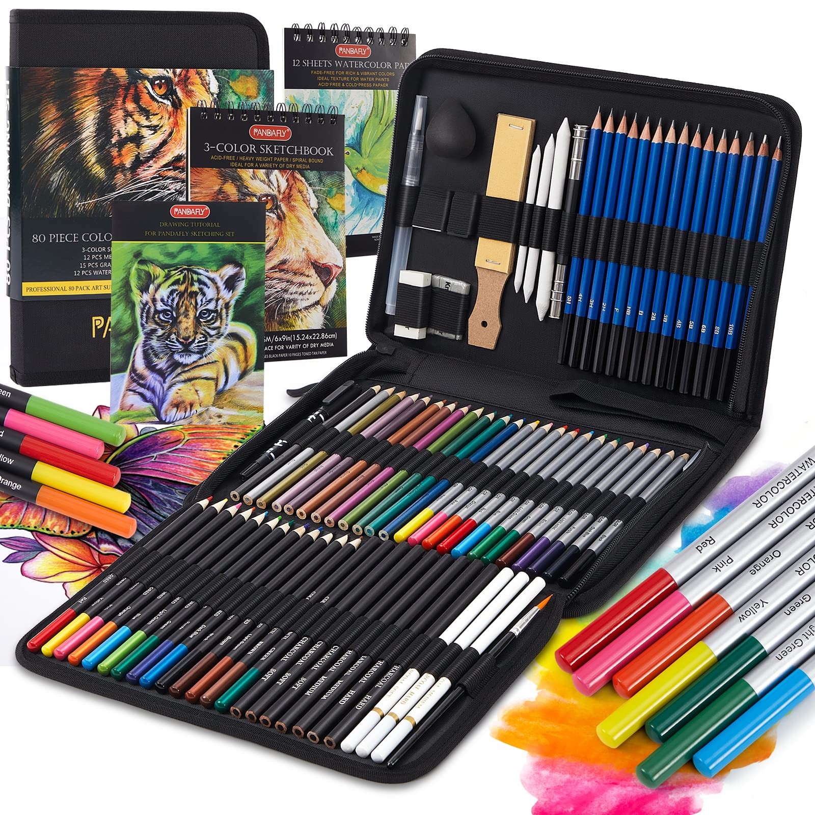 80 Pack Drawing Set Sketching Kit, Pro Art Supplies with 3-Color Sketchbook