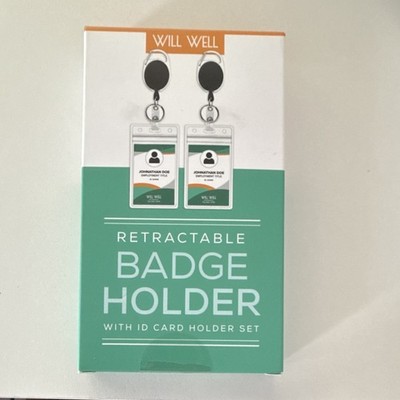 Will Well Retractable Badge Holder ID Card Set 2 Piece Plastic Black Clear