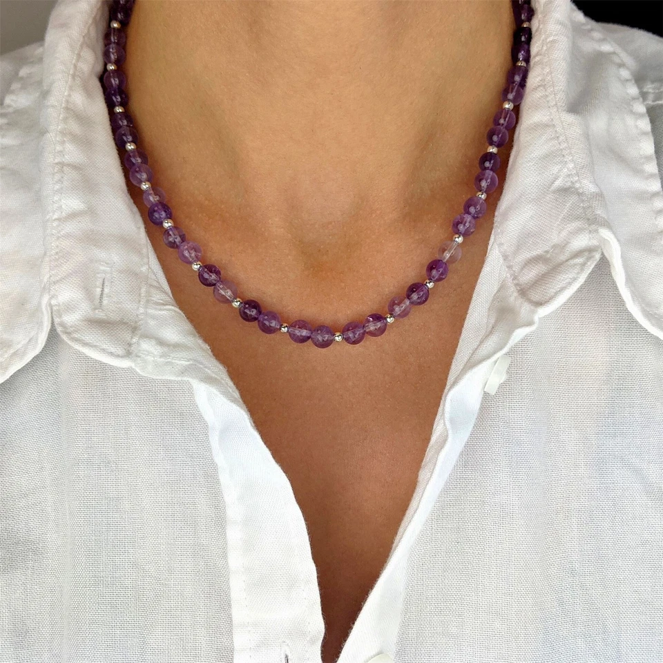 81stgeneration Collana in Argento Sterling 925 Perle di Ametista Rotonda Boho - Immagine 2 di 4