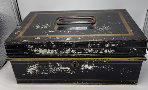 Vintage Black Tin Metal Banker's Box Cash or Document Box c1930s - No Key