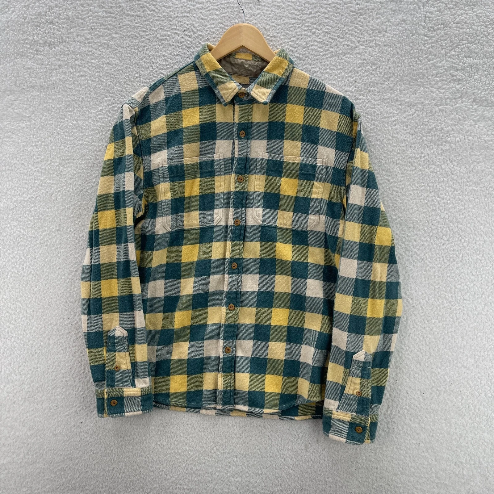 LL Bean Shirt Mens Large Green & Yellow Signature Slim Fit Flannel Plaid Outdoor