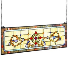 Stained Glass Window Panel, 32" x 11" Tiffany Style Hanging Transom Window Panel