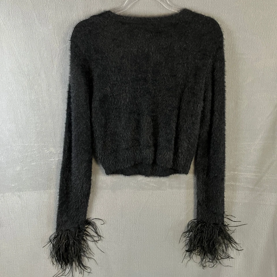 Cárdigan Boohoo para mujer de plumas de manga larga mullido corto con botones talla L negro Foto 2 de 4