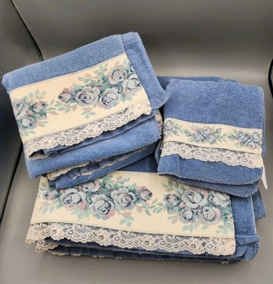 vtg The Water Works Blue Floral Towel Set 6 Pc Lace Ruffle Cottagecore Shabby