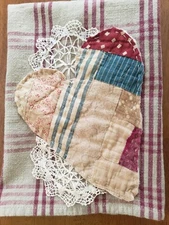 Primitive Style Prim HEART Quilt Striped HANDMADE Dish Tea Towel Strong Cotton 