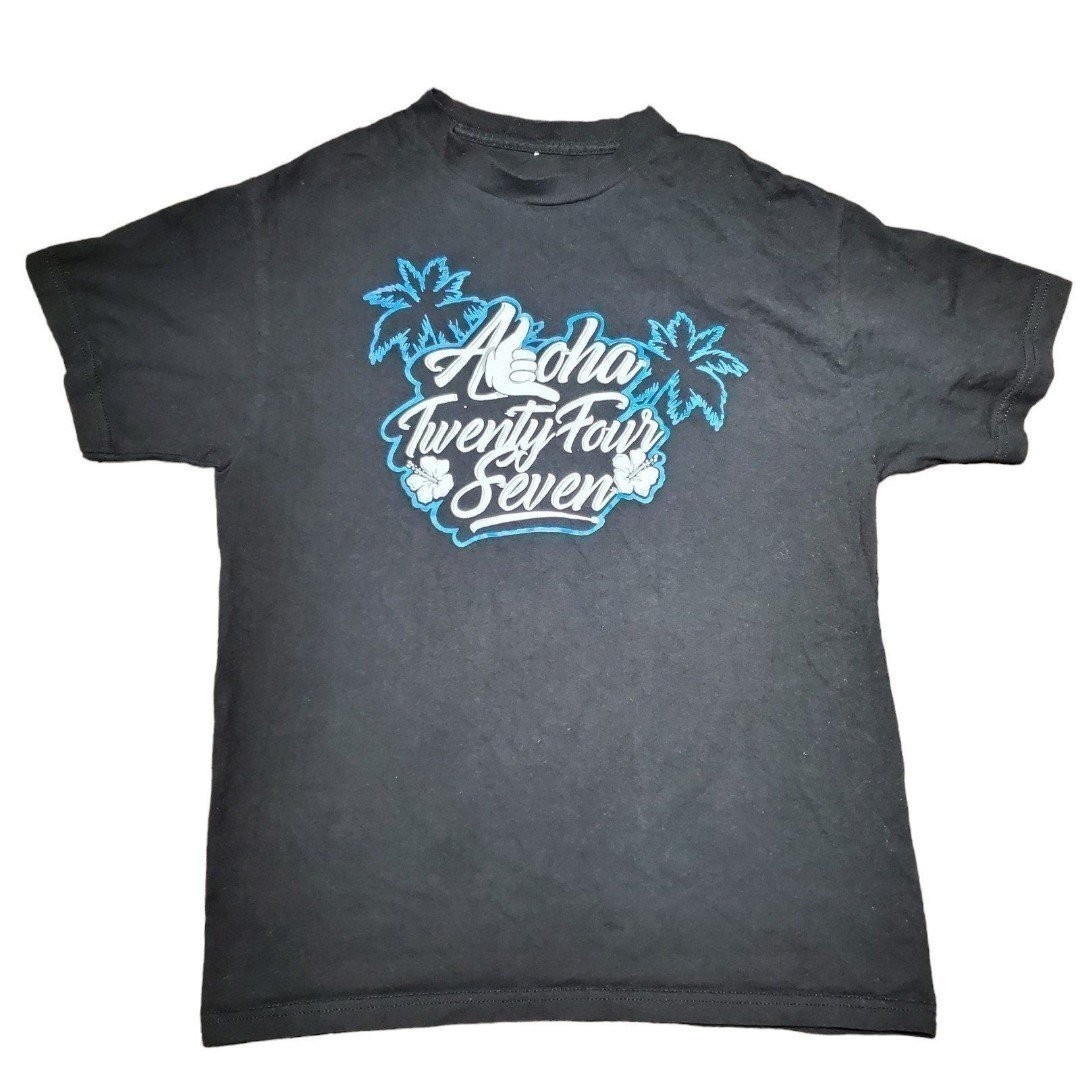 Man's Black and Blue Tshirt Aloha Twenty Four Seven Tshirt Size M FREE shipping
