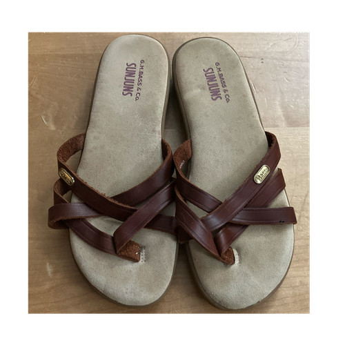 Bass Sunjuns Strappy Sandals Brown Leather Slip On Suede Insole Women's 7.5M