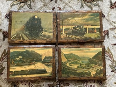 Vintage Train Pictures Decoupage on Solid Wood Lot of 4