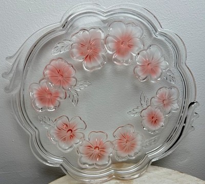 Studio Nova Wedding Cake Pedestal Serving Platter 3D Pink Pansies Flared Glass