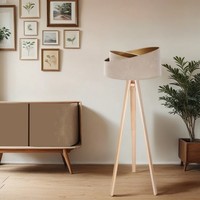 Stehlampe Dreibein Holz Stoff Wohnzimmer Klein 145 Cm Beige Gold Stehleuchte