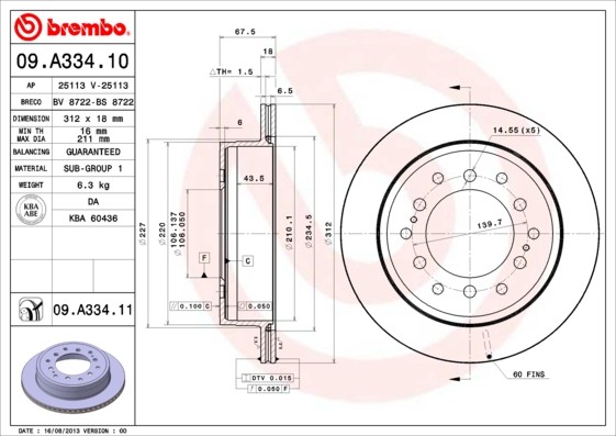 Disque de frein 09.A334.11 BREMBO pour TOYOTA Auris et Avensis, pack essieu avant ventilé 295mm