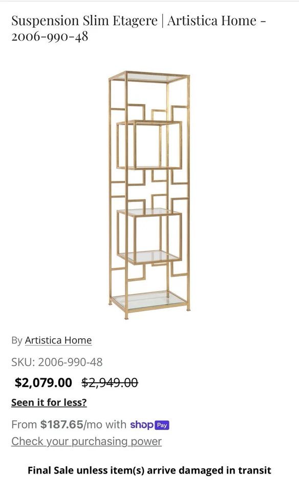 Pair of Brass/Glass Artistica Home Suspension Slim Etageres Modern Glass Shelves - Image 3 of 4