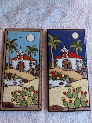 Two Vintage Original Cesar Manrique Ceramic Hand painted Wall Art Night and Day