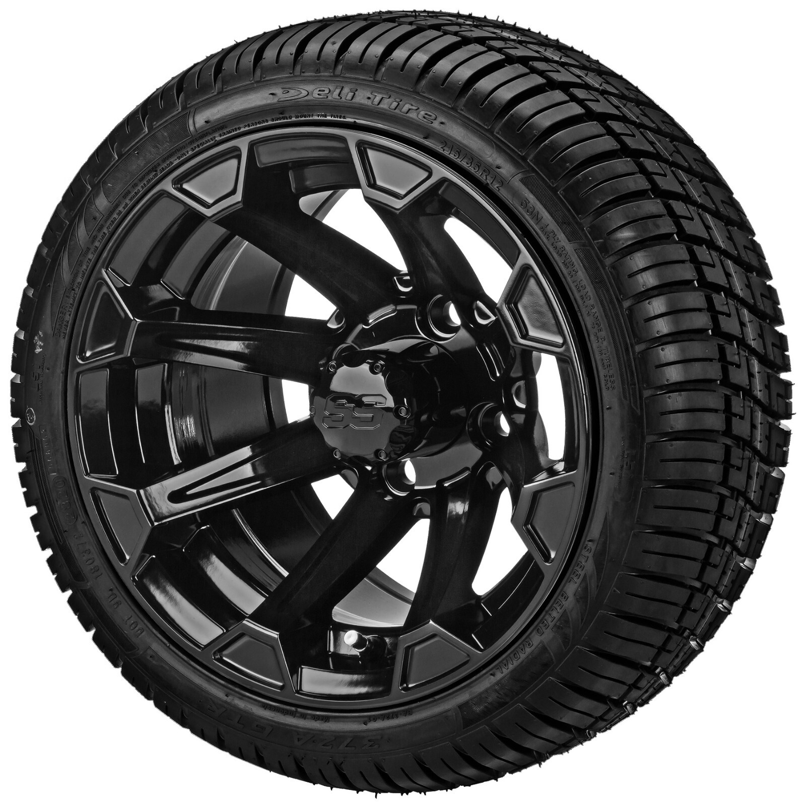 (4) Golf Cart 215/35R12 Radial Tires on 12x7 Gloss Black Viking Wheels
