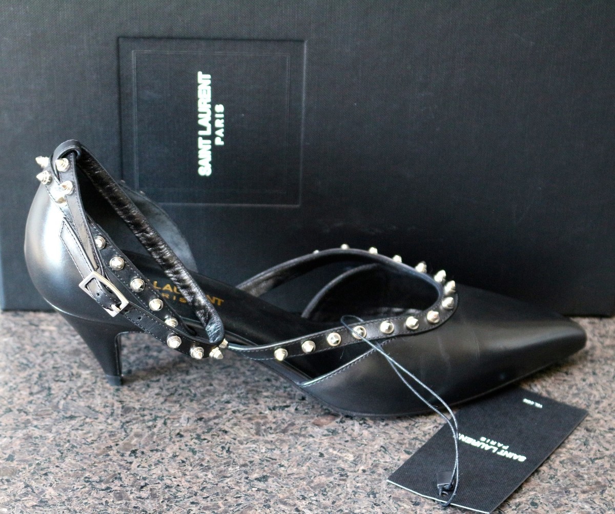 NIB YSL Saint Laurent KITTEN 50 Black STUDS Mary Jane Pointed