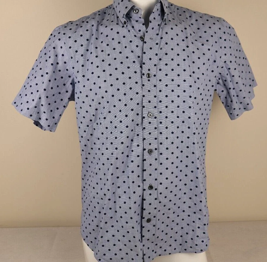 Polo Short Sleeve Mens Shirt Size S Custom Fit 15.5 Blue with Navy Blue Spots.
