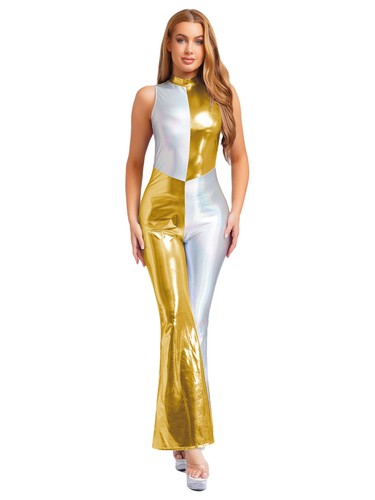 UK Women's 70s 80s Disco Holographic Costumes Jumpsuit Metallic Flared Wide Leg - Picture 134 of 153