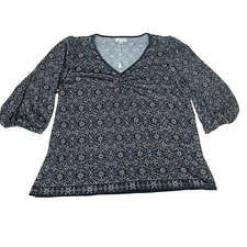 NWOT Max Studio Microfloral Blouse Womens Plus Size 1X 3/4 Sleeve Black White