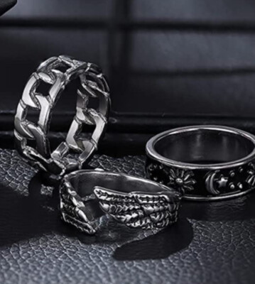 3 PC Lot  Stainless Steel 8MM Wide Ring SZ 7 Cuban Link Wing New Free Ship 5765