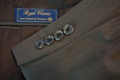 Tom James Royal Classic Brown Herringbone Striped Wool 2 Pc Suit Sz 40R
