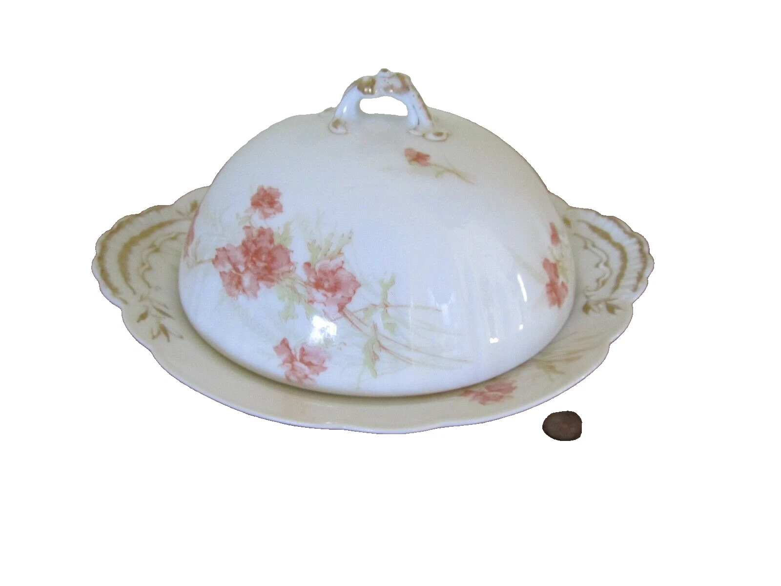 HAVILAND LIMOGES FLORAL COVERED BUTTER DISH WITH STRAINER INSERT FRANCE