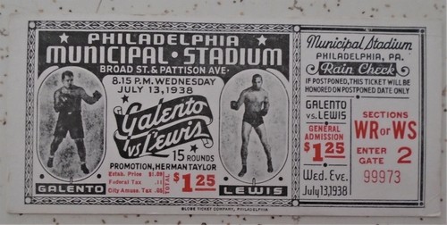 Galento vs. Lewis , Vintage, Full Boxing-Fight Ticket, 1938